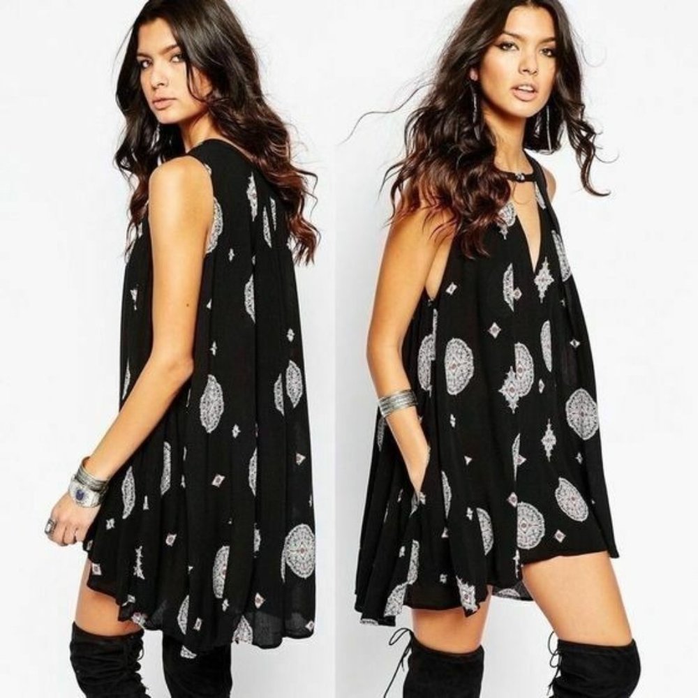 Free People Retro Print Tunic Dress Raven Combo XS EUC